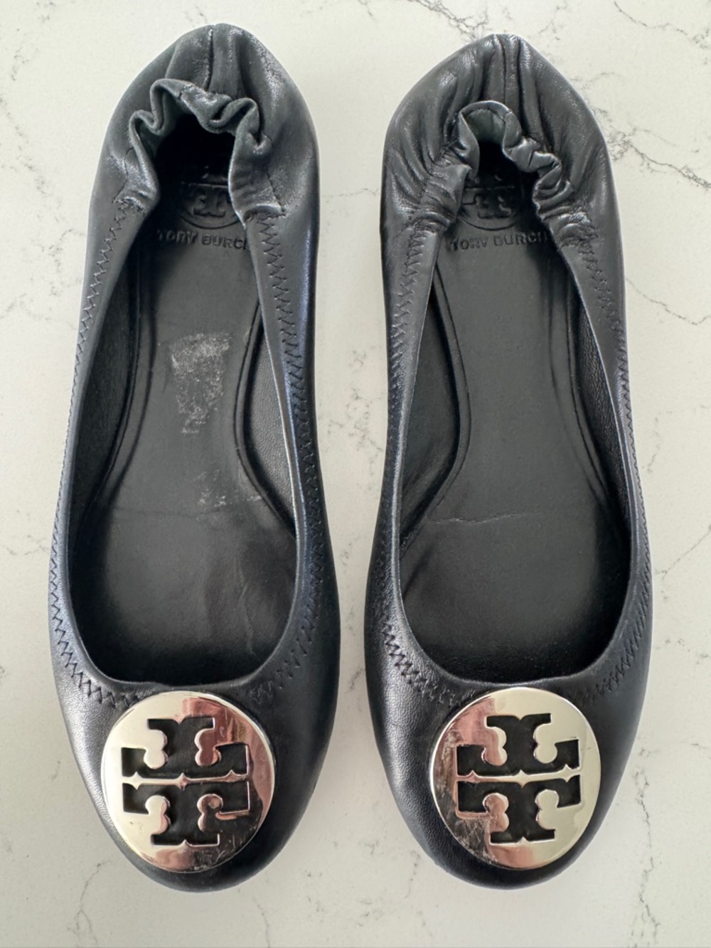 Tory Burch Black Leather Reva Ballet Flats with Silver Logo Medallions